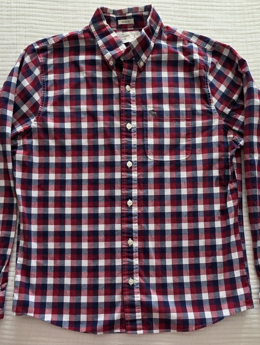 Abercrombie & Fitch Muscle Red Navy White Gingham Button-Down Shirt Men's Large